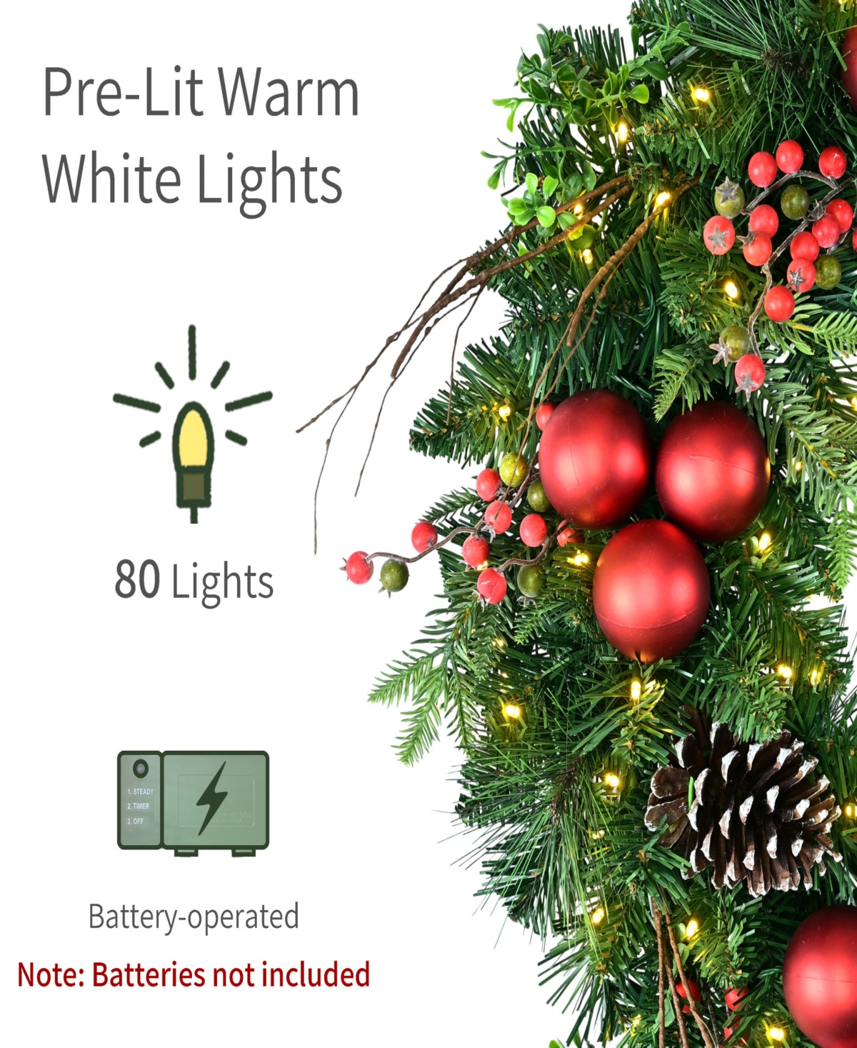 Puleo International 26" Battery-Operated Pre-Lit Artificial Wreath