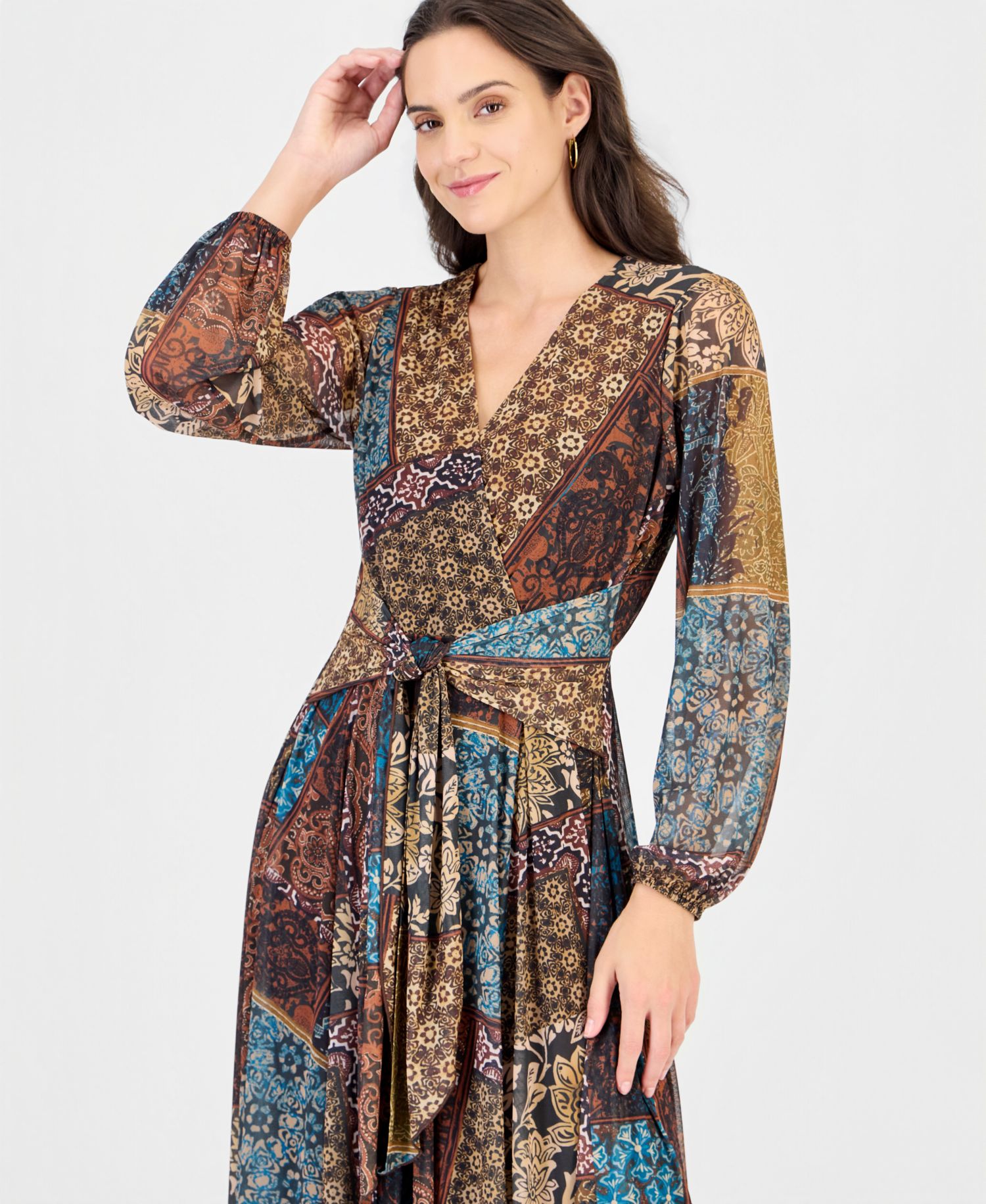 Women's Print Surplus V-Neck Long-Sleeve Wrap Midi Dress