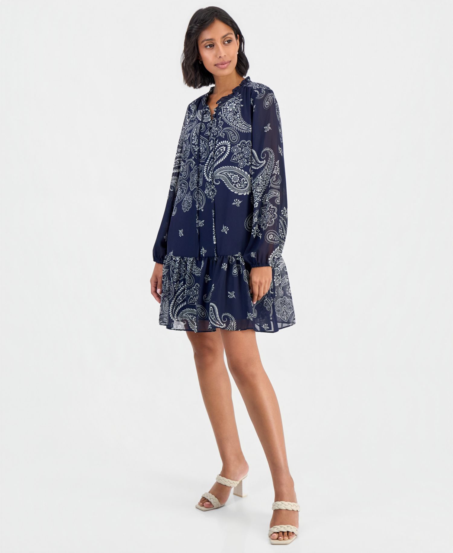 Women's Long-Sleeve Tiered Chiffon Mini Dress