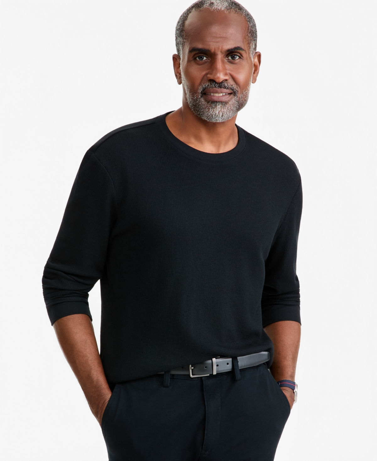 Club Room Men's Thermal Long-Sleeve Ribbed Crewneck Sweater, Created for Macy's - Deep Black