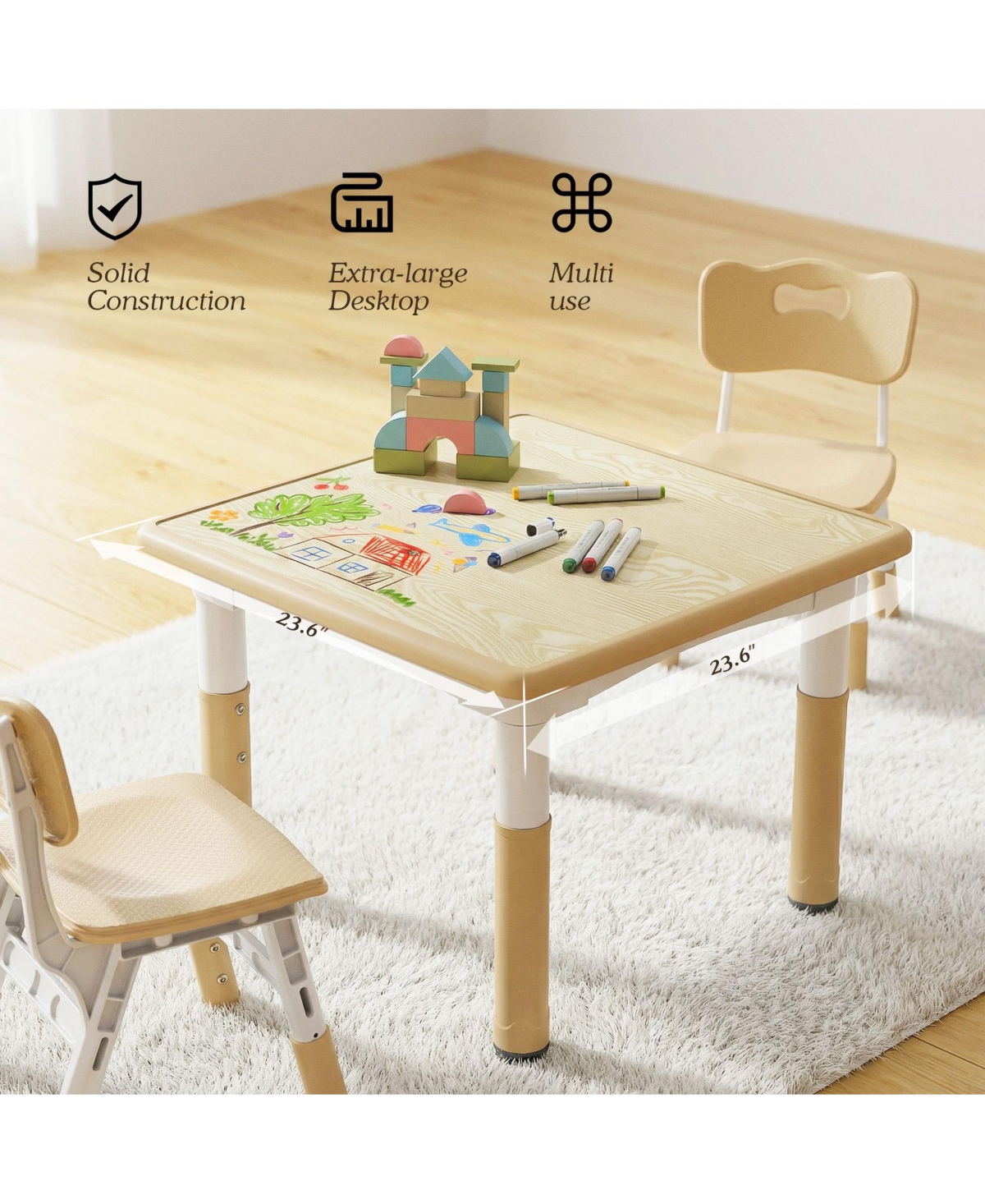 Kinder King Kids Height-Adjustable Table and Chairs Set with 31.5''W Easy-Clean Top
