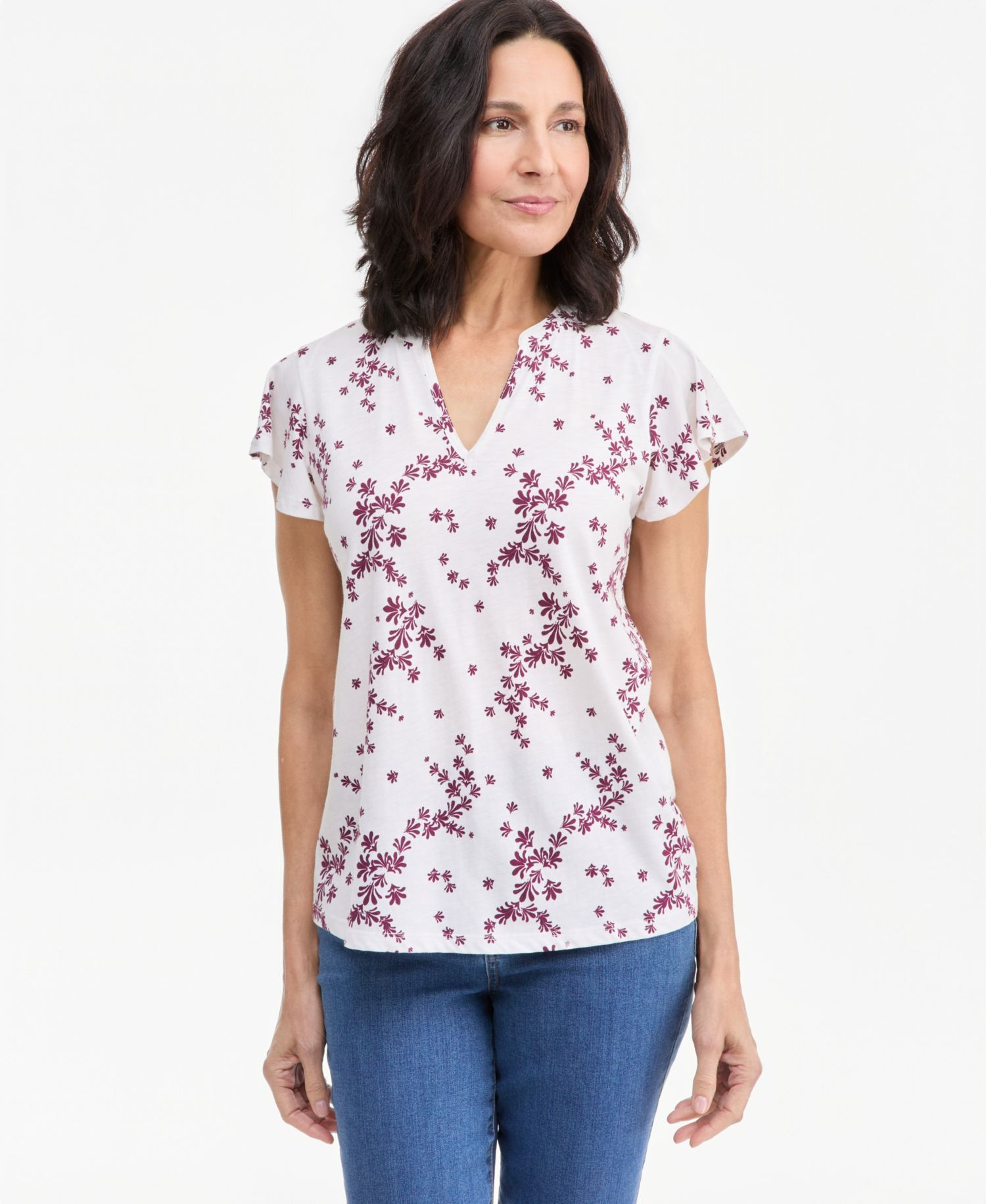 Petite Printed Flutter-Sleeve V-Neck Top