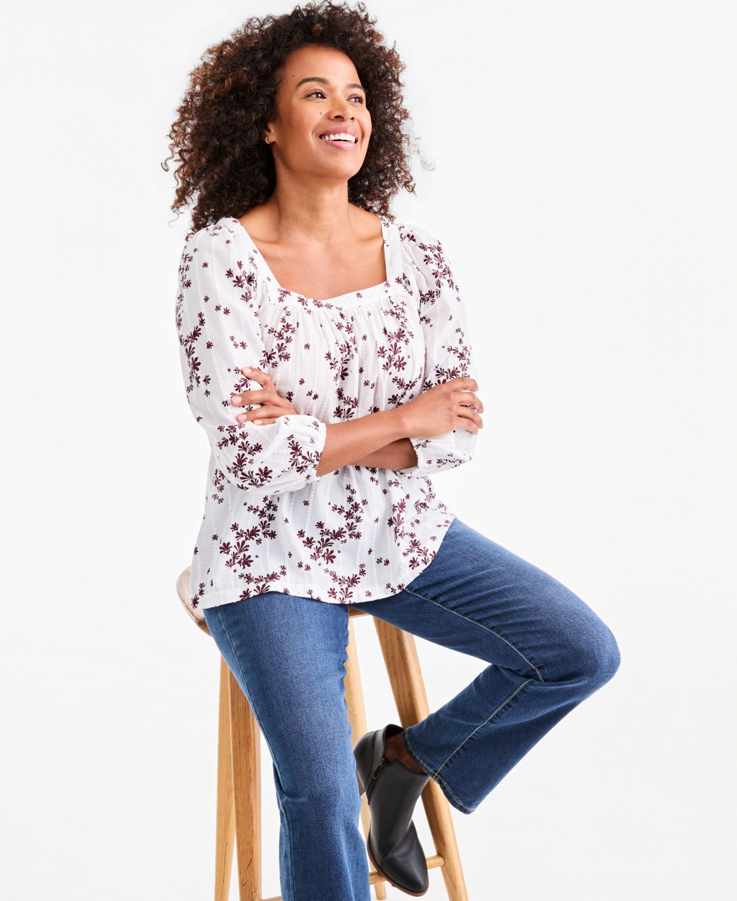 Plus Printed Square-Neck Cotton Top