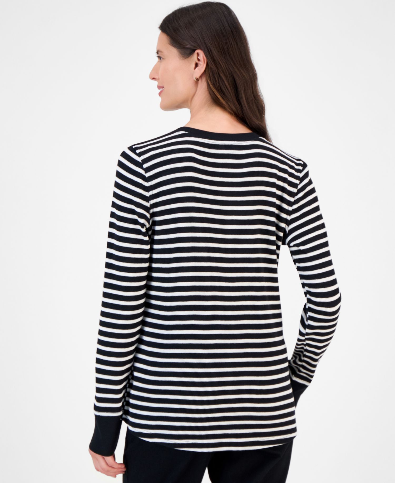 Women's Stripe Long-Sleeve Waffle Henley Top
