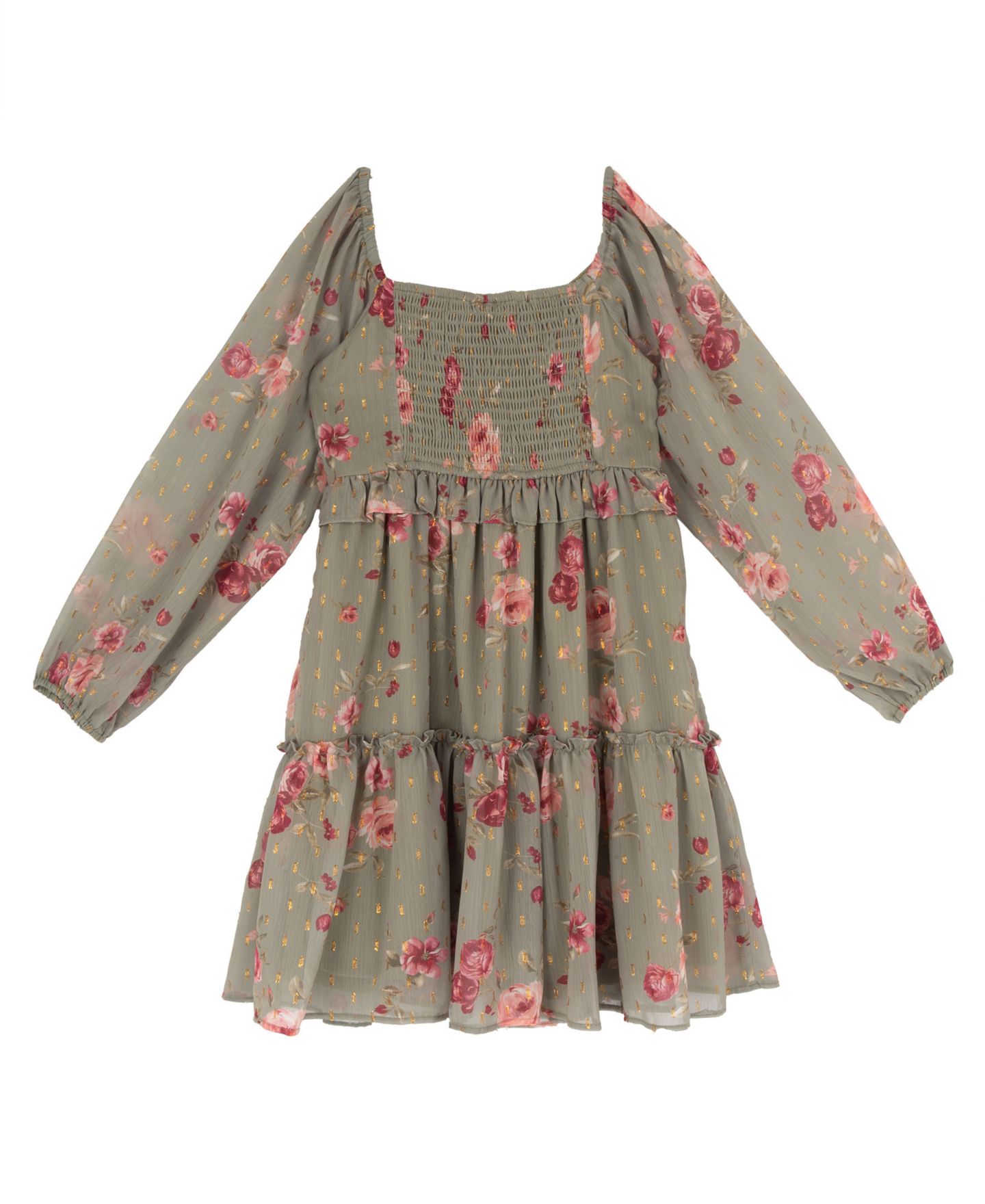 Платья Rare Editions Printed Chiffon Long-Sleeve Dress with Necklace, 2-Piece Set для девочек, цвет: Шалфейный зелёный — фото 2