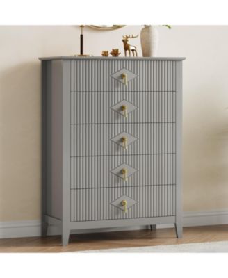 Fluted Dresser for Bedroom, 42.9" Tall 5-Drawer Wood Dresser, Modern Chest of Drawers, Storage Organizer Cabinet for Living Room, Hallway, Entryway