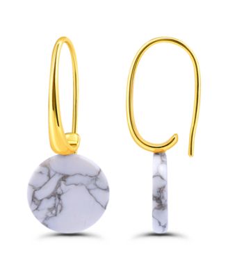 14K Gold Plated Genuine Stone Round Disc Hardwire Fishhook Drop Earrings