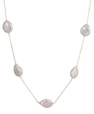 Cultured Freshwater Pearl (13-14mm) Baroque Station Necklace in 10k Yellow Gold