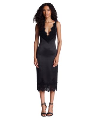 Women's Contrast Lace Trim V-Neck Midi Dress