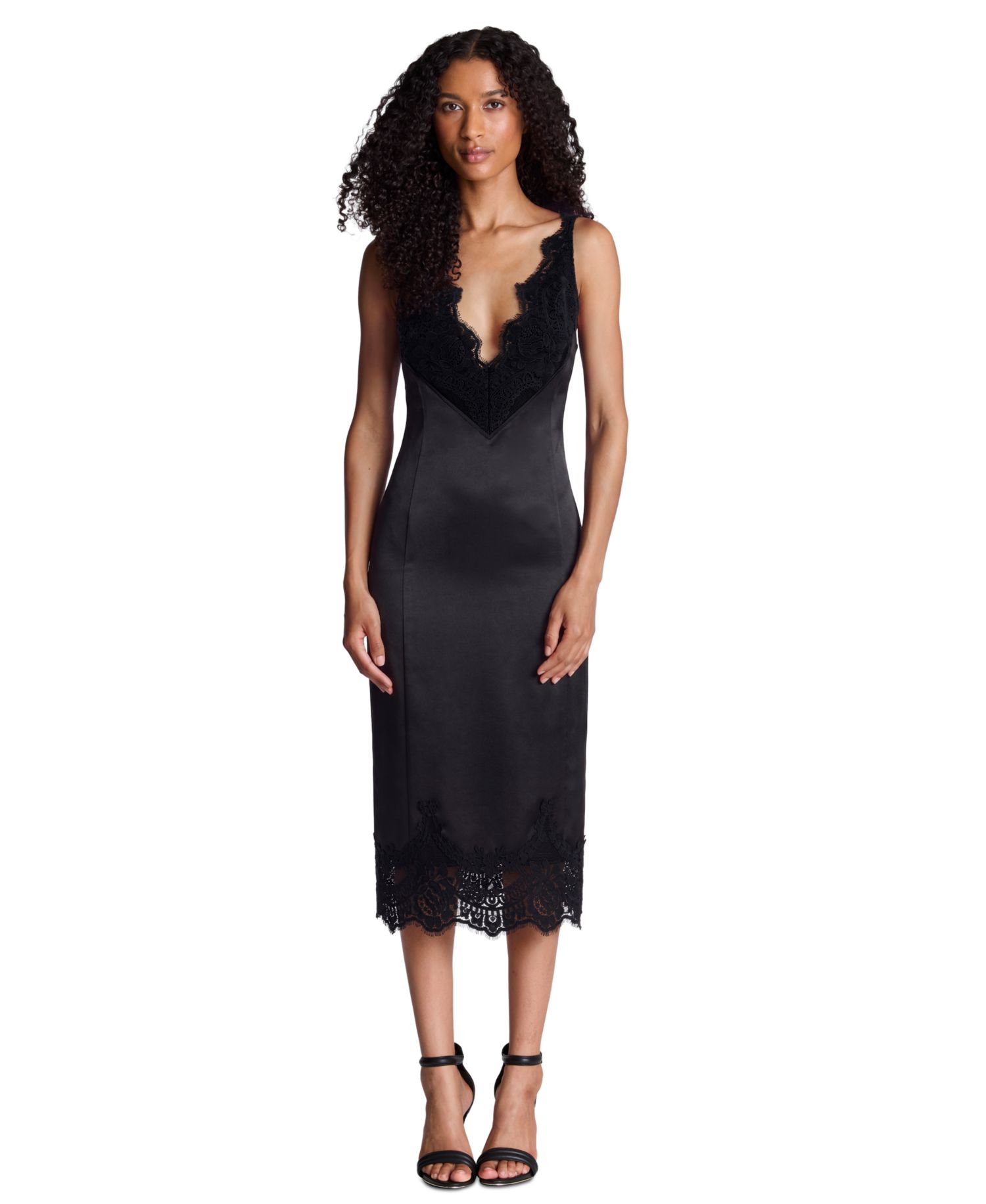 Women's Contrast Lace Trim V-Neck Midi Dress