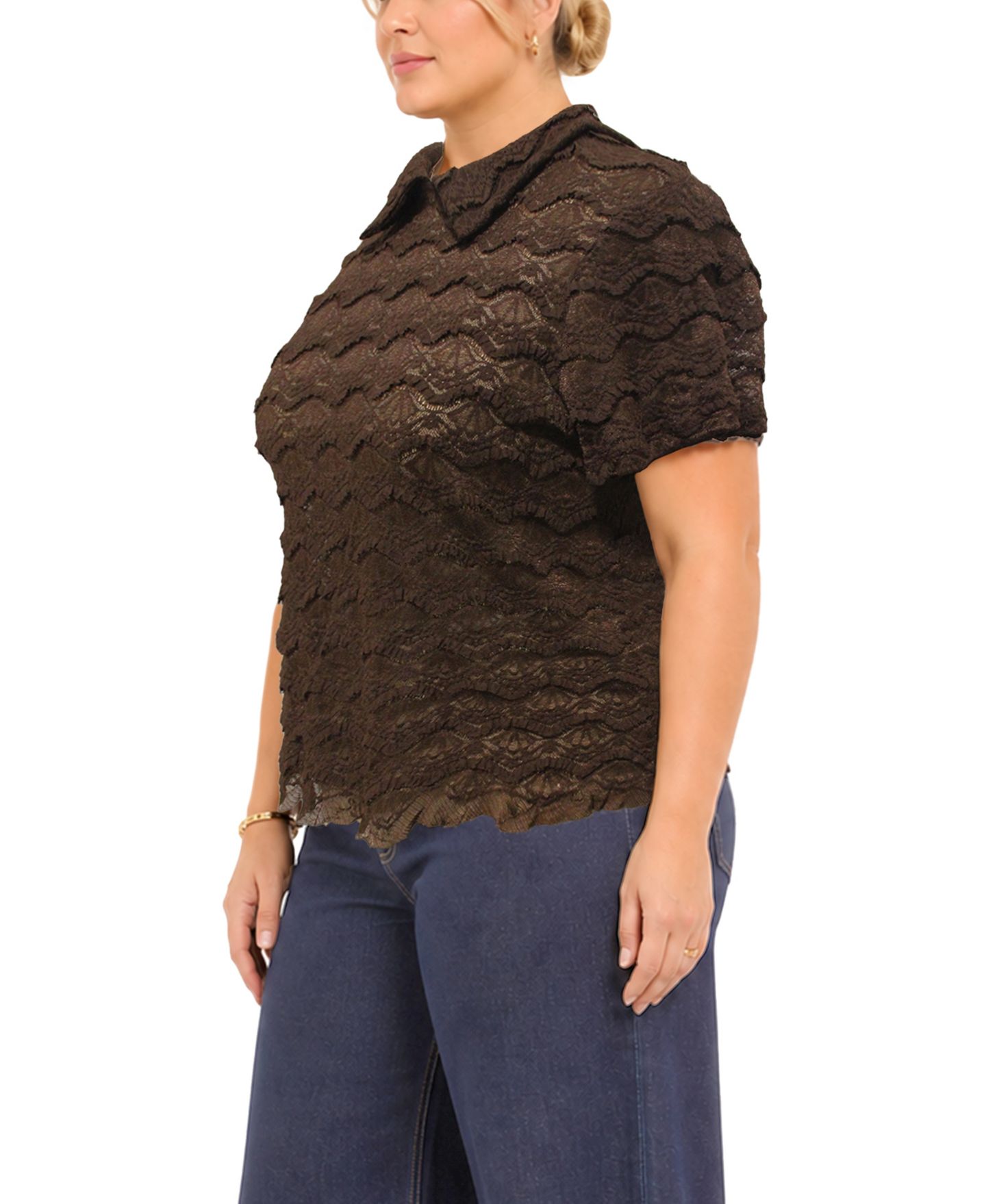 Женский топ COIN 1804 Plus Size Scallop Edge Lace Short-Sleeve, цвет: Коричневый — фото 3