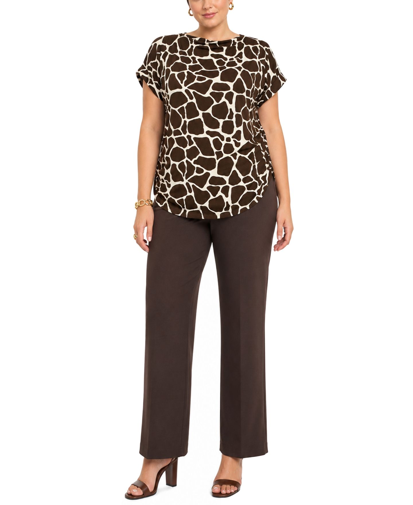 Женский топ COIN 1804 Plus Size Giraffe-Print Cowl-Neck Rolled-Short-Sleeve, цвет: Коричневая слоновая кость — фото 2