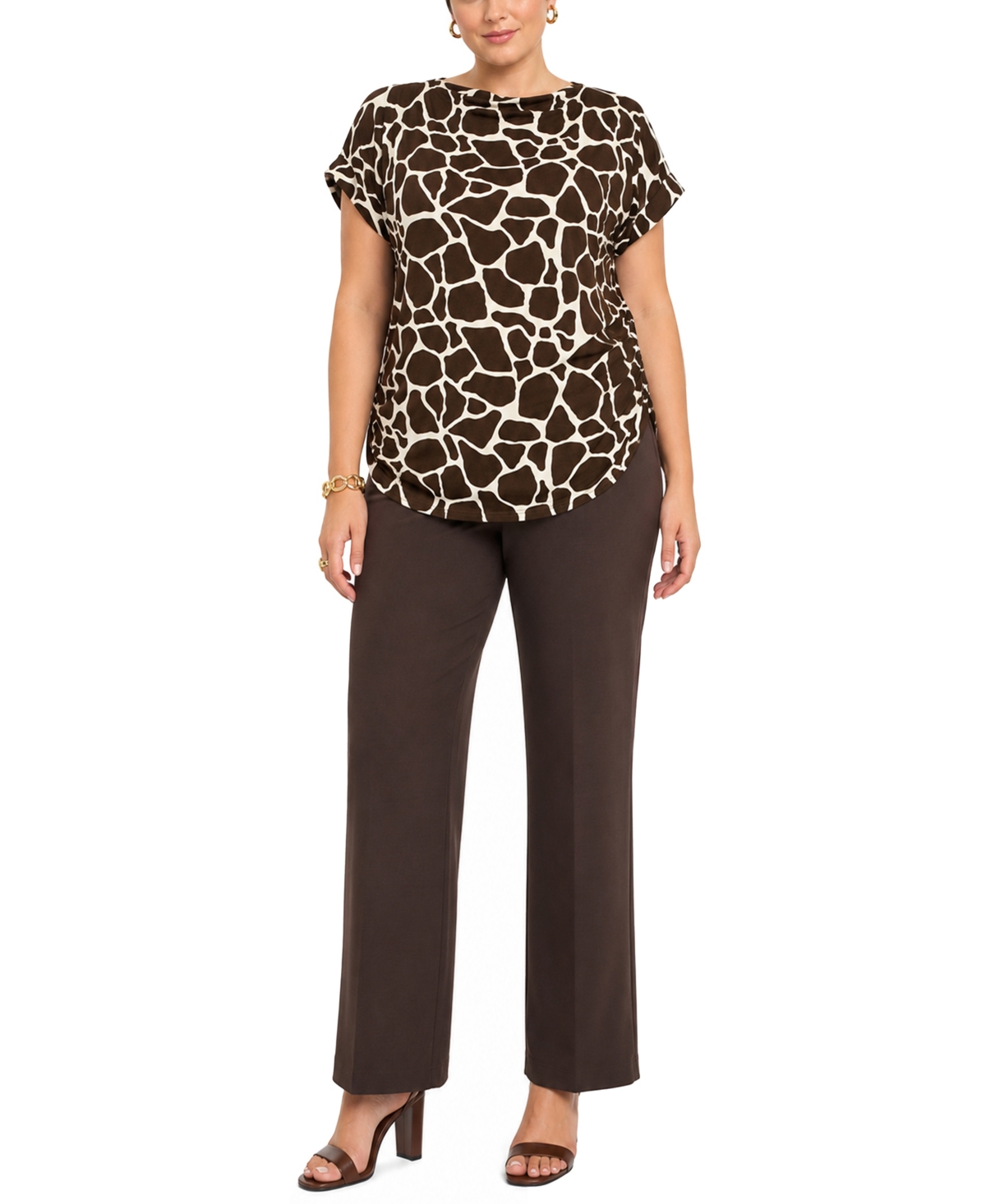 Coin 1804 Plus Giraffe Print Cowl Neck Top