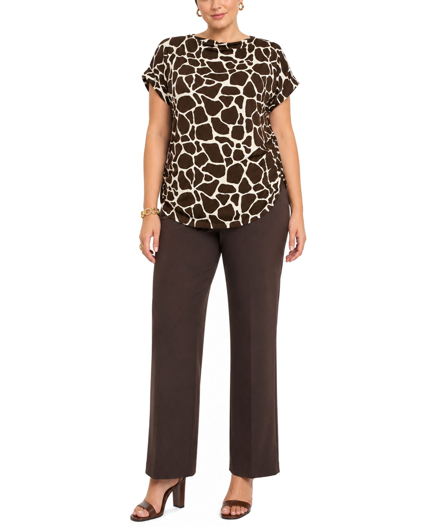 Plus Size Giraffe-Print Cowl-Neck Rolled-Short-Sleeve Top