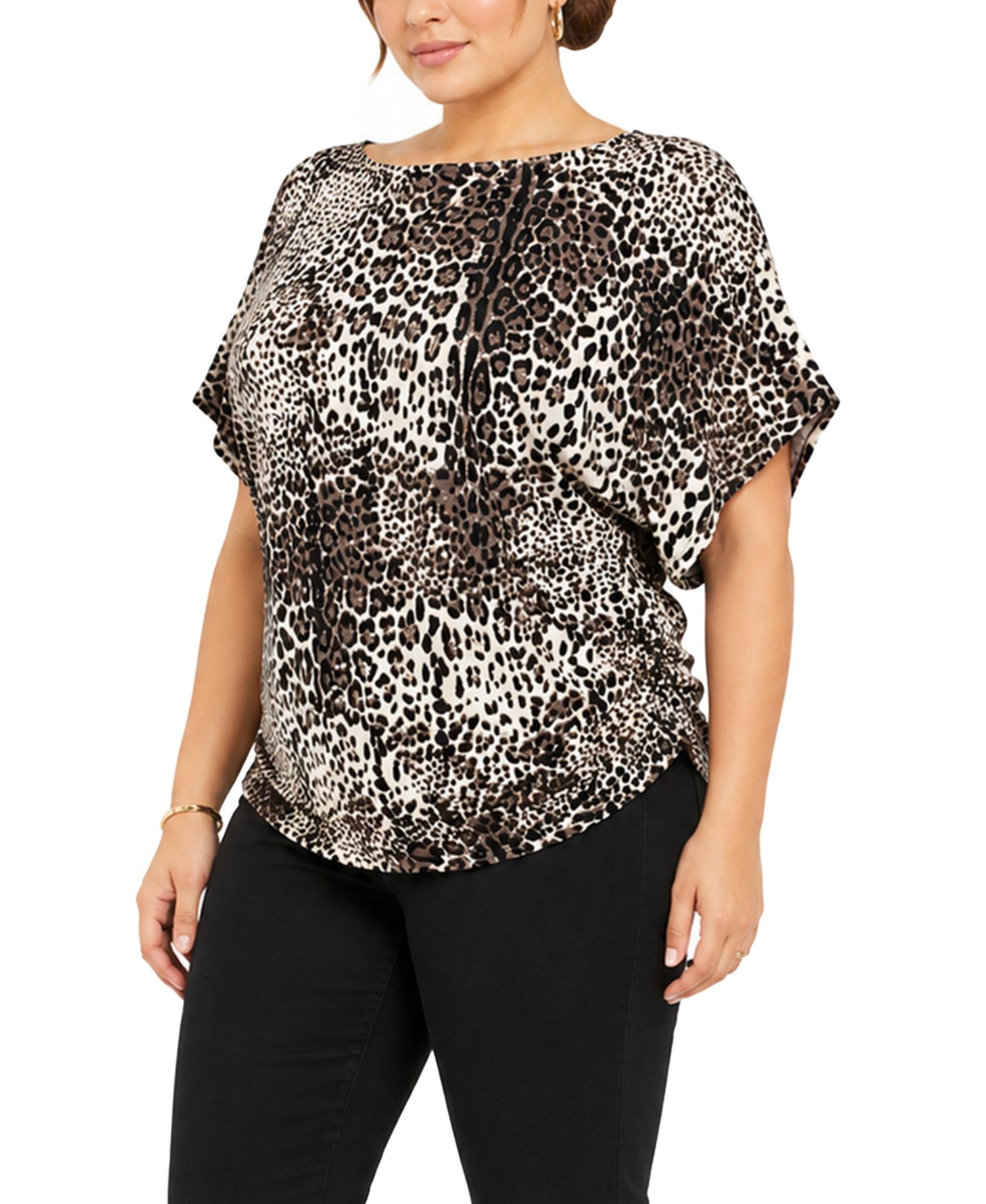 Plus Size Leopard-Print Boat-Neck Batwing Short-Sleeve Top