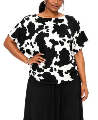 Plus Size Cow Print Batwing Short-Sleeve Side-Ruched Boat Neck Top