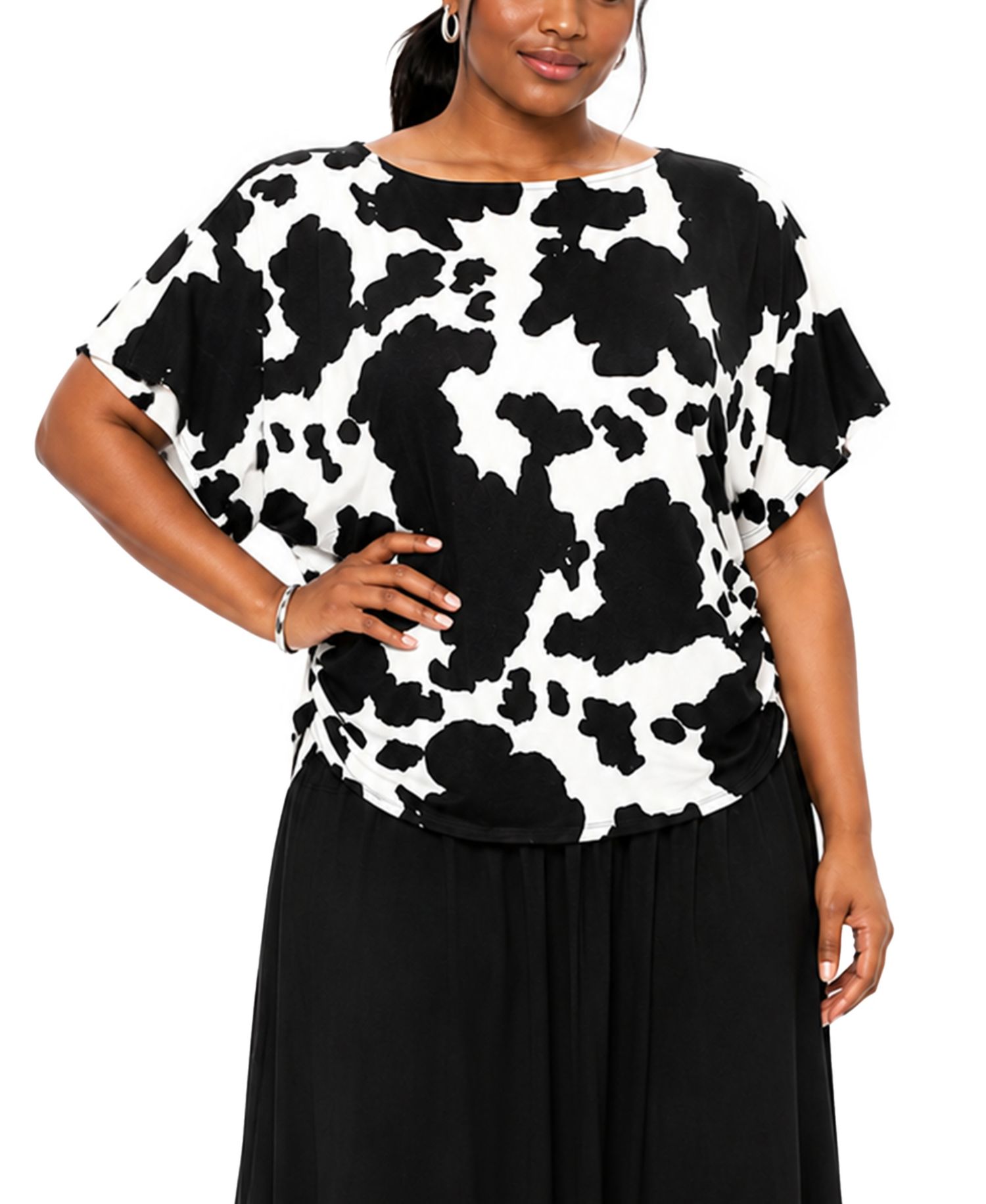 Plus Size Cow Print Batwing Short-Sleeve Side-Ruched Boat Neck Top