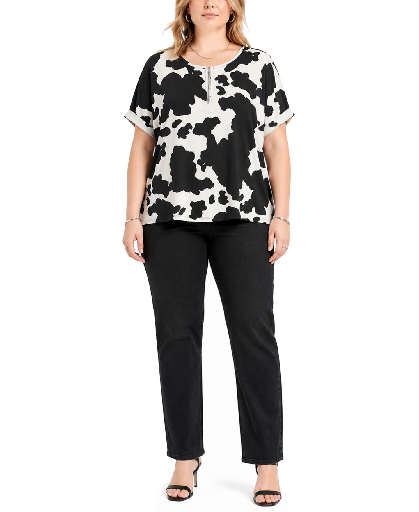 Женский топ COIN 1804 Plus Size Cow Print Dolman Rolled Short-Sleeve 1/2 Zip, цвет: Слоновая кость чёрный — фото 2