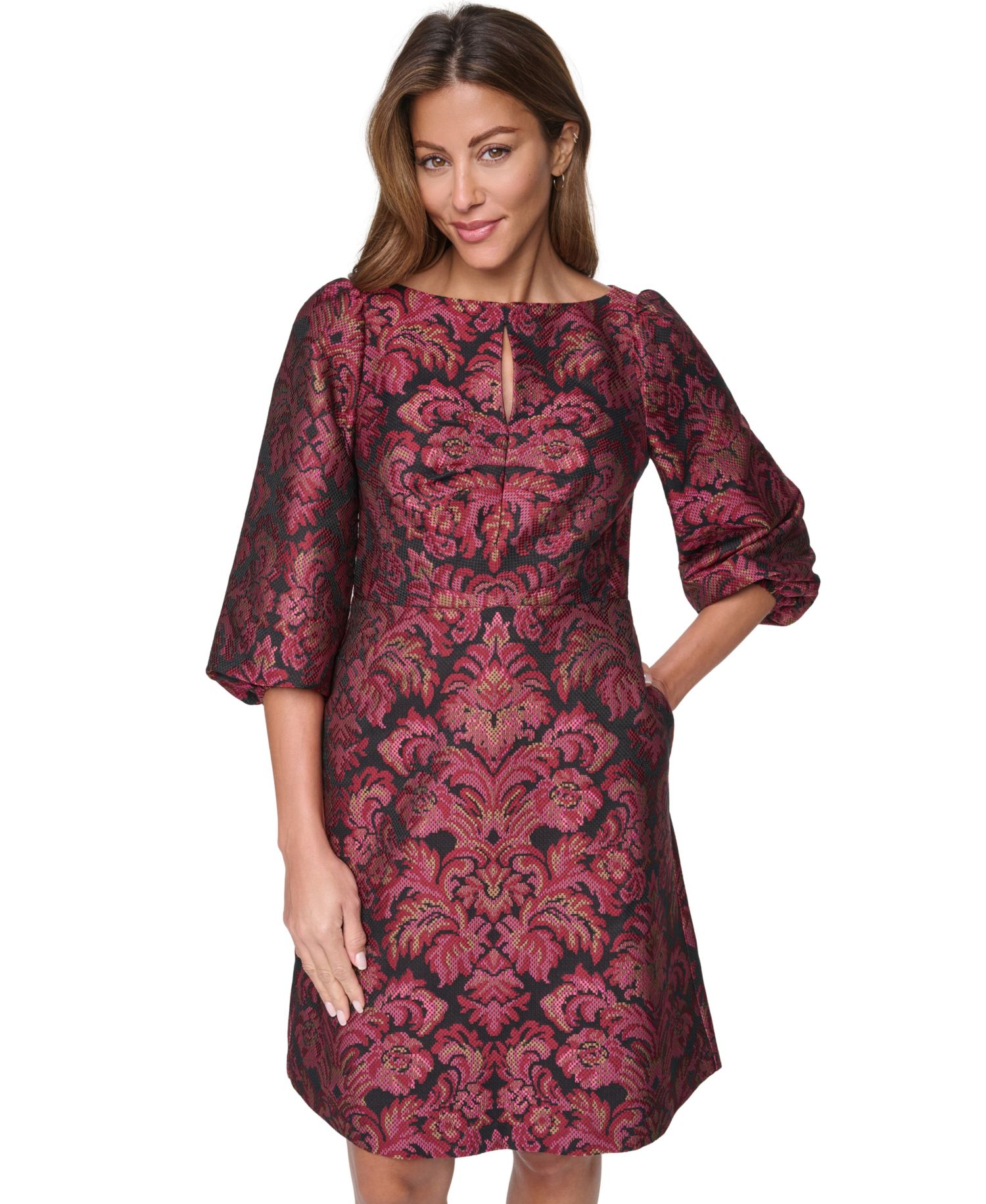 Women's Boat Neck A-Line Ruched Keyhole Bodice Dress