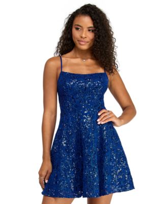 Juniors' Sequin Lace-Up Back Short Dress
