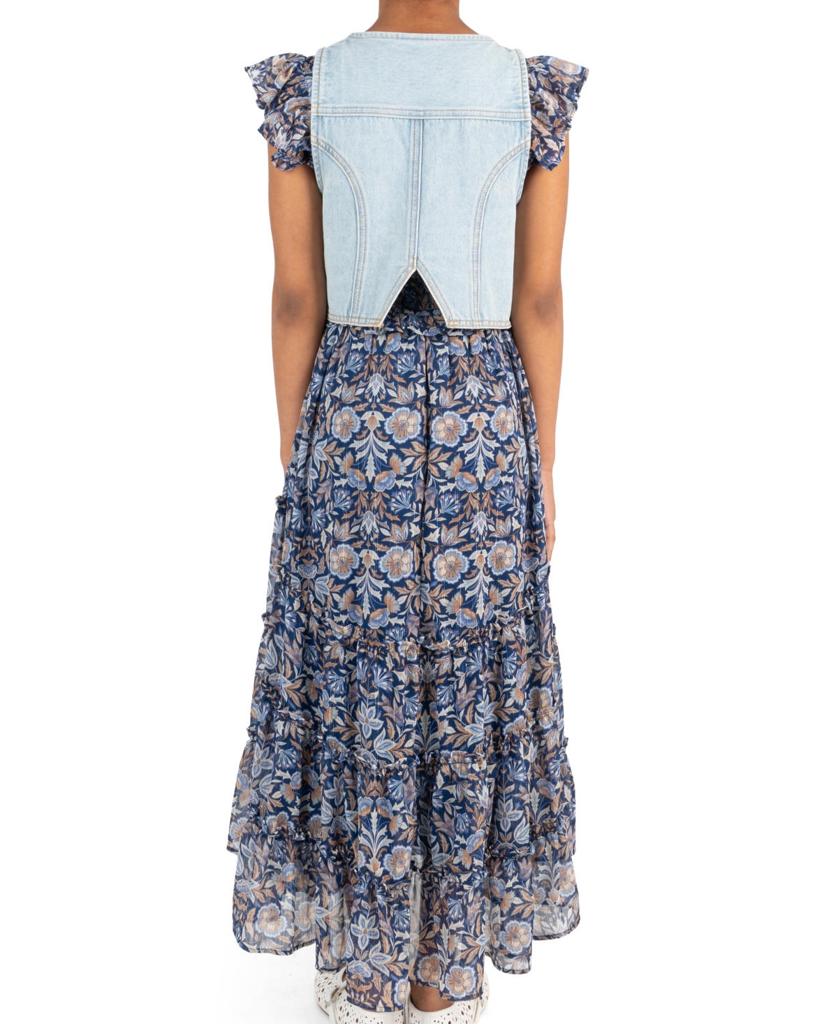 Rare Editions Girls' 7-16 Floral Print Sleeveless Dress and Denim Vest, 2-Piece Set