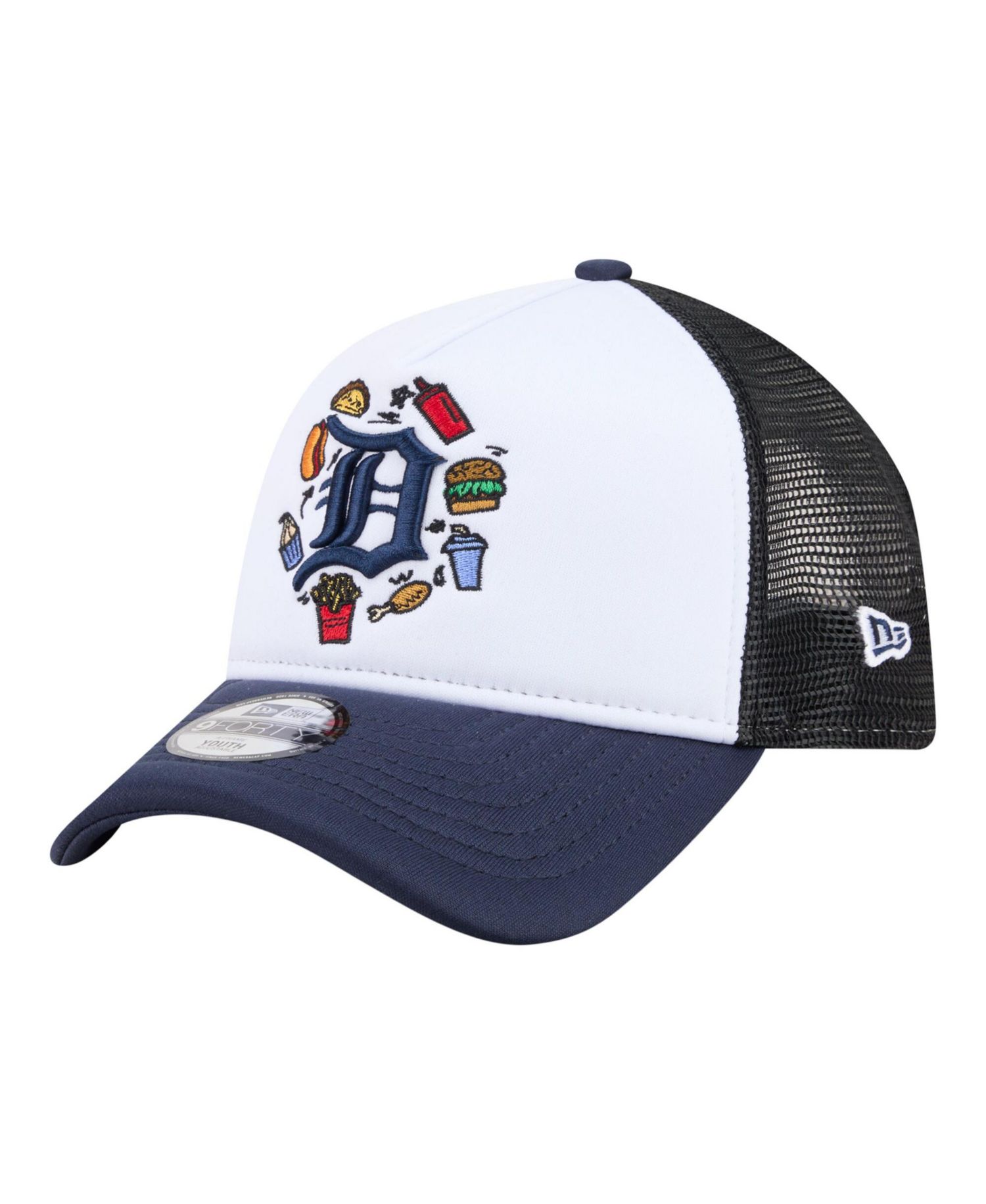 Big Boys and Girls White/Navy Detroit Tigers Food A-Frame 9FORTY Trucker Adjustable Hat