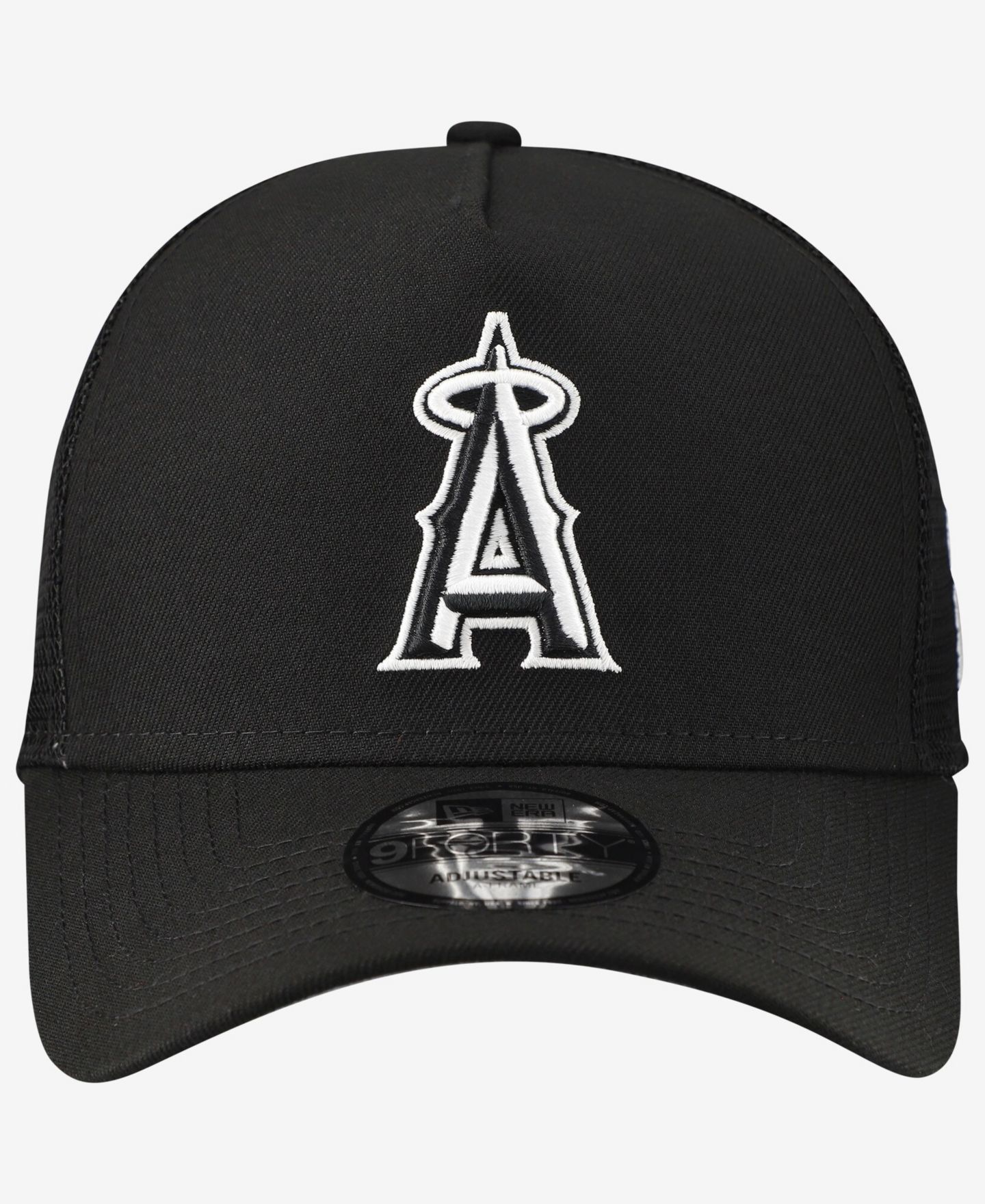 Мужская кепка New Era Black Los Angeles Angels Side Script 9FORTY A-Frame Trucker Adjustable Hat — фото 1
