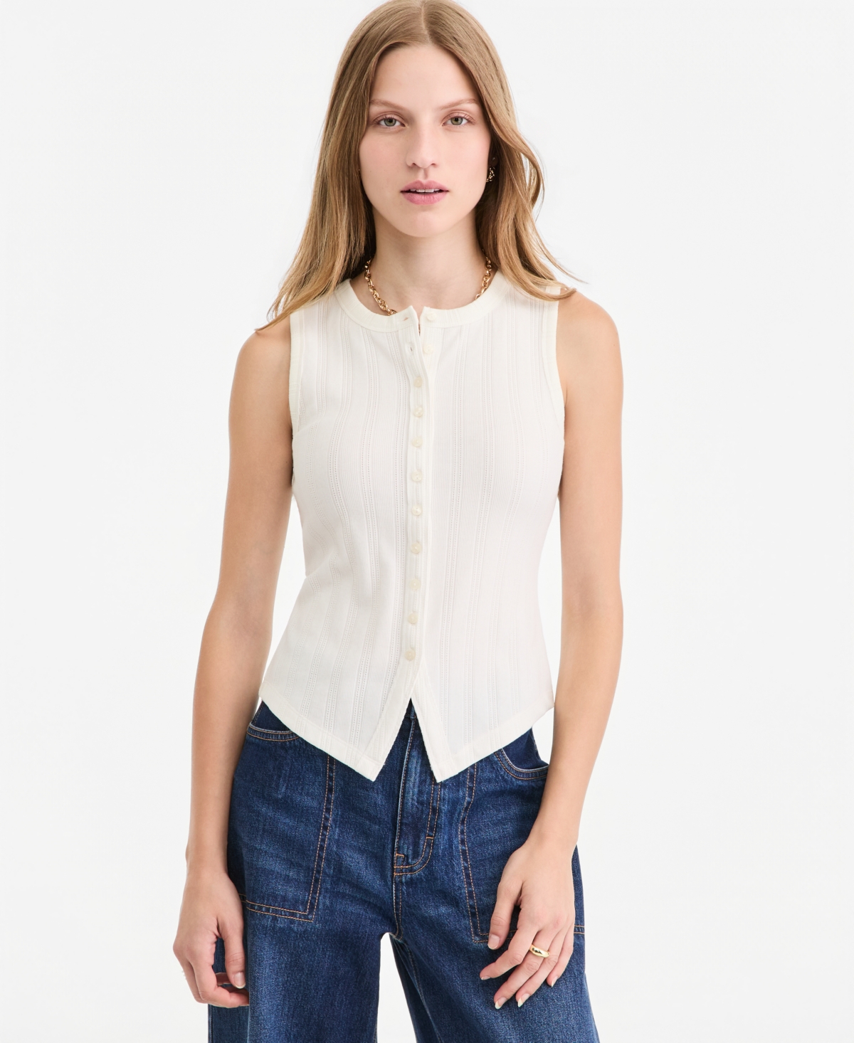 On 34th Women's Pointelle-rib Button-front Tank, Created For Macy's In Winter Ivory