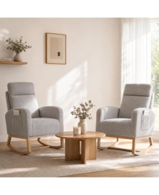 Set of 2 Rocking Chairs, Sherpa Upholstered Glider Recliner with High Back and Rubber Wood Legs for Dining Room or Lounge
