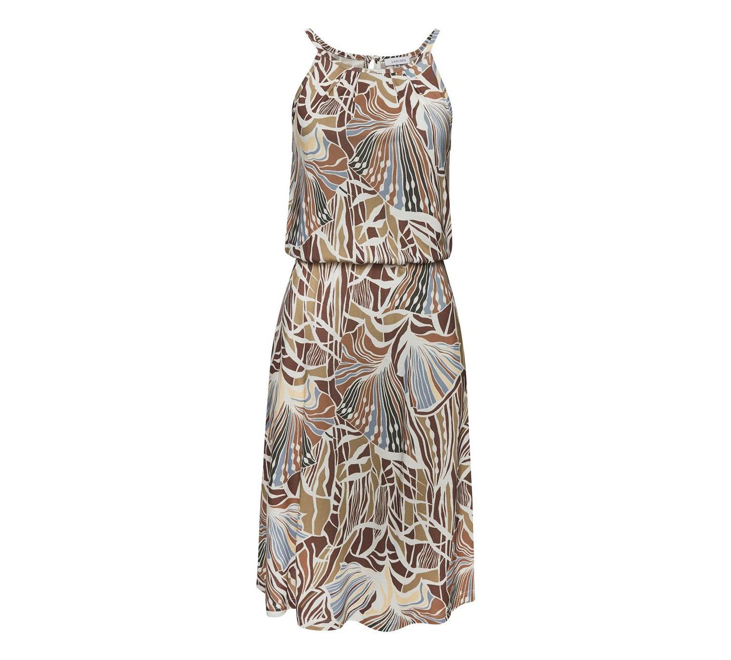 Женское платье Lascana Viscose Printed High Neck A-Line Elastic-Waist Short, цвет: Слоновая кость хаки — фото 4