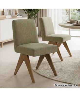 Modern Upholstered Dining Chair Set of 2, Linen-Blend Fabric, Solid Wood Legs, Full Back Side Chair, Armless Accent Chair