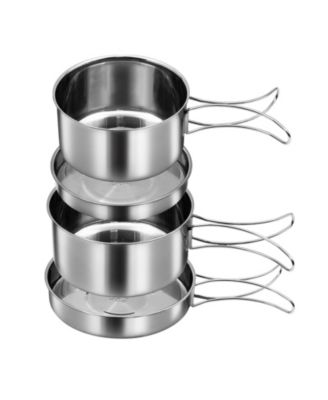 18 8 Stainless Steel 4 Piece Camping Cookware Mess Kit Foldable Handle Outdoor Cooking Set