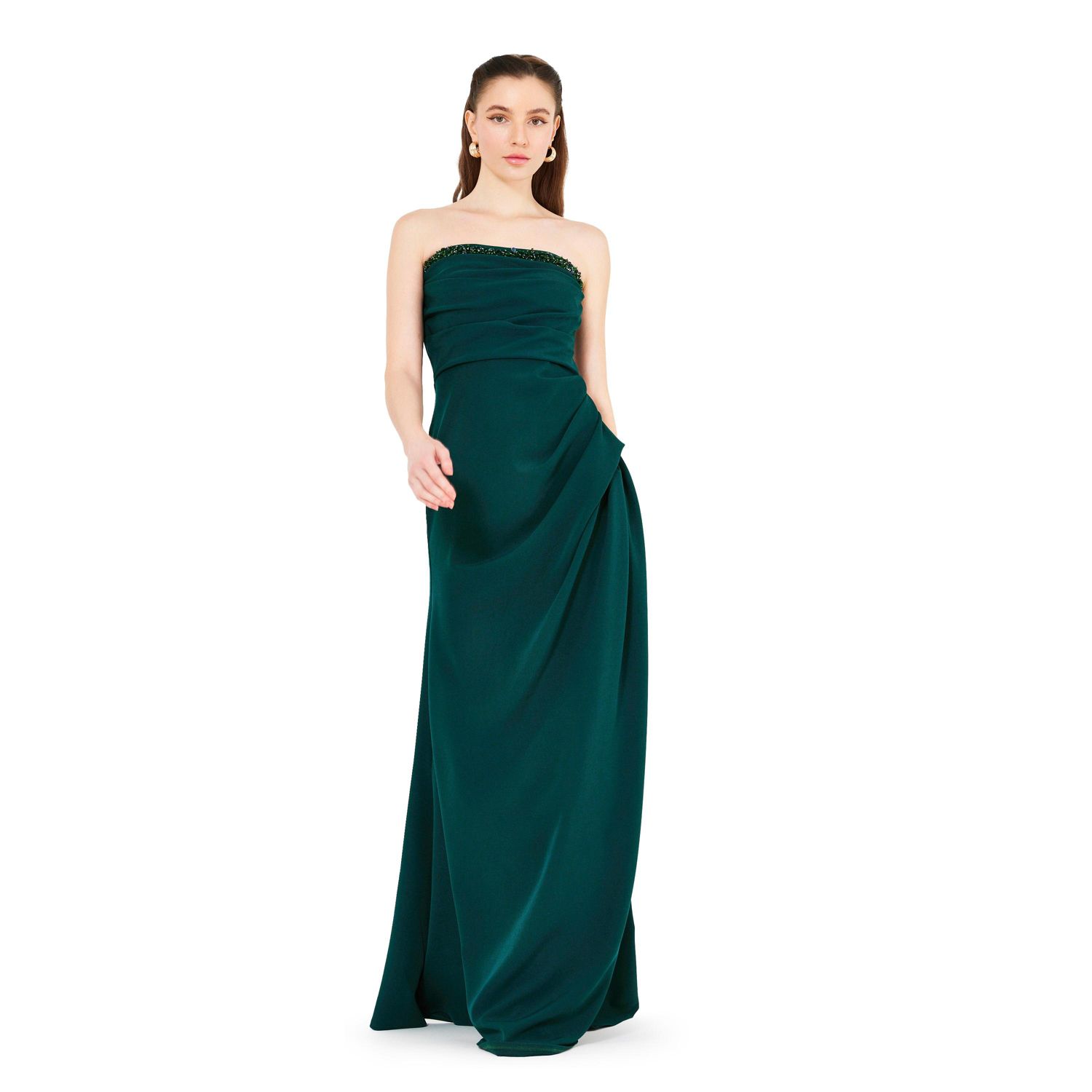 Women's Hand Embellished Strapless Pleated Gown