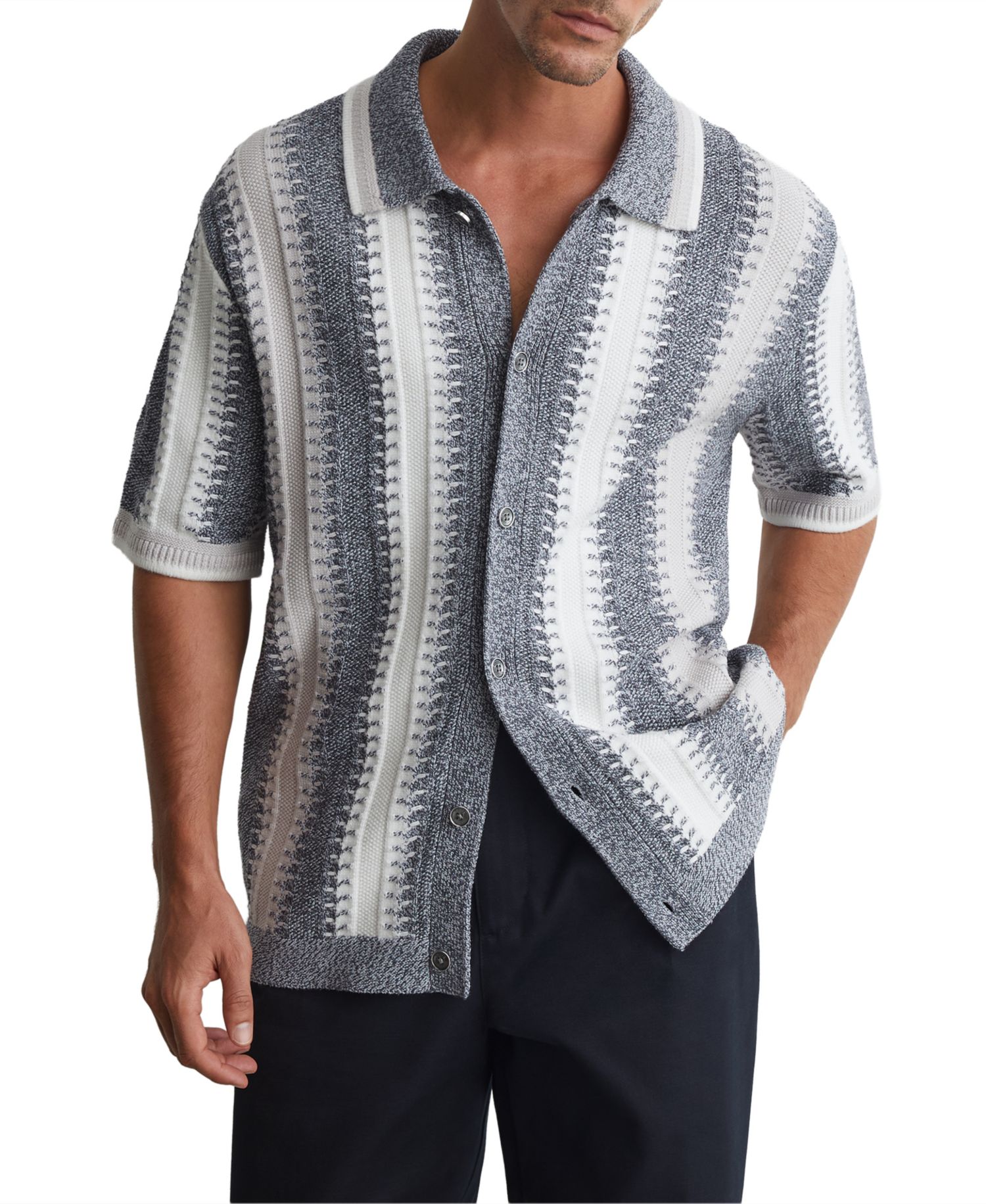 Men's Dale Stitch-Detail Stripe Knitted Shirt with Cotton