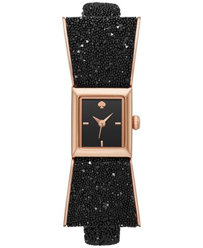 kate spade new york Women's Kenmare Swarovski® Crystal Black Leather/Fabric & Rose Gold-Tone Stainless Steel Bow-Tie Strap Watch 20mm KSW1185