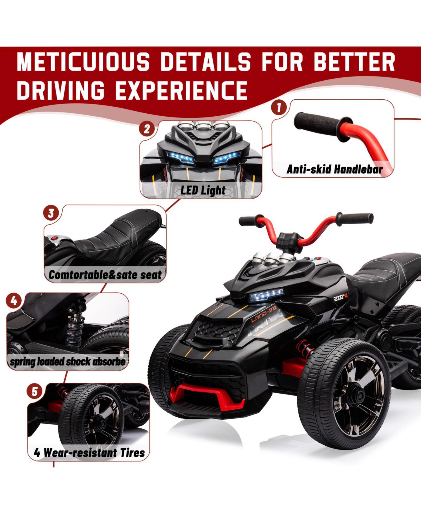 Детская игрушка homfan Powerful 12V 3-Wheel Electric ATV Motorcycle with Remote Control, 66 lbs Capacity, Ages 3+, цвет: Чёрный — фото 3