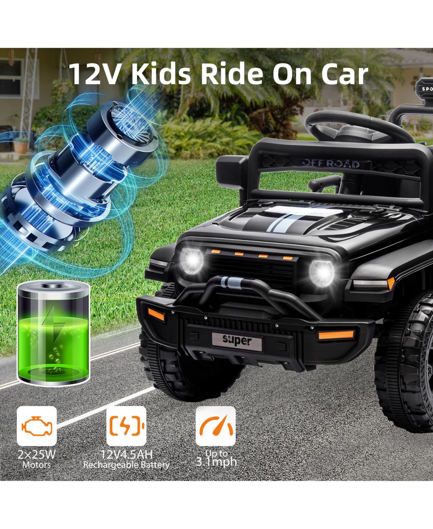 Детская игрушка homfan 12V Ride On Truck, Dual 25W Motors, Remote Control, Spring Suspension, LED Headlights, Music, Battery Powered Car Toy, цвет: Чёрный — фото 5