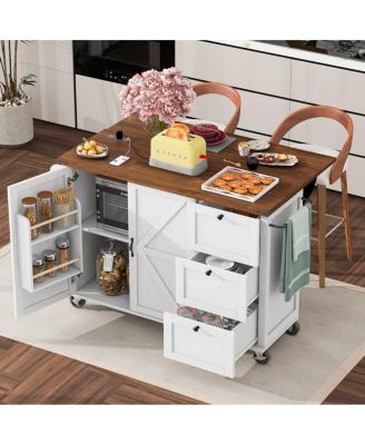54.5'' Farmhouse Kitchen Island with Power Outlet Drop Leaf and Storage