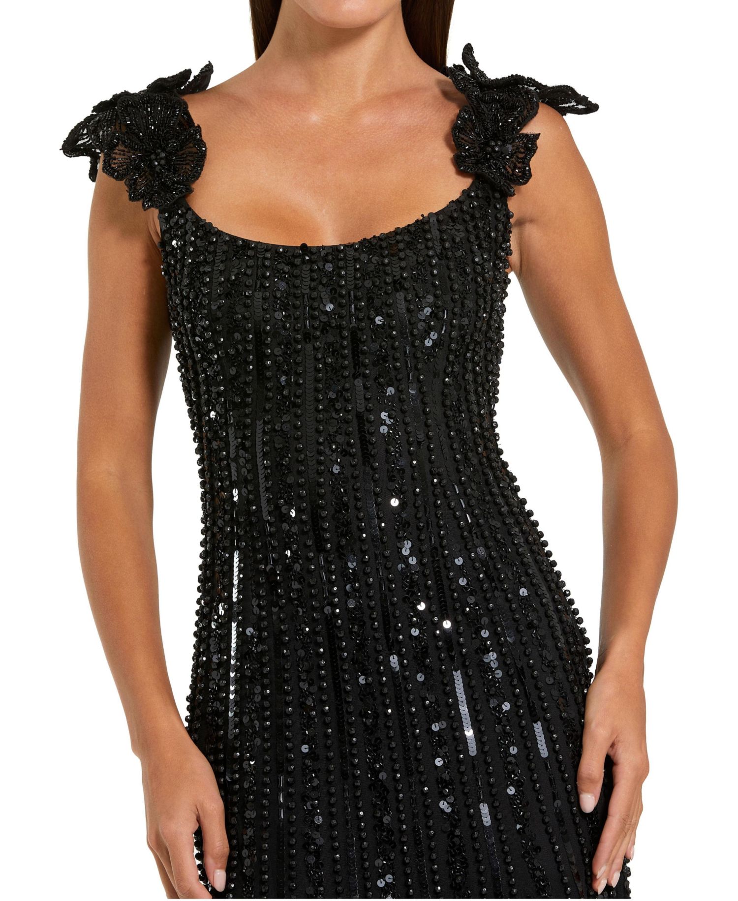 Women's Floral Shoulder Sequin Mesh Evening Gown