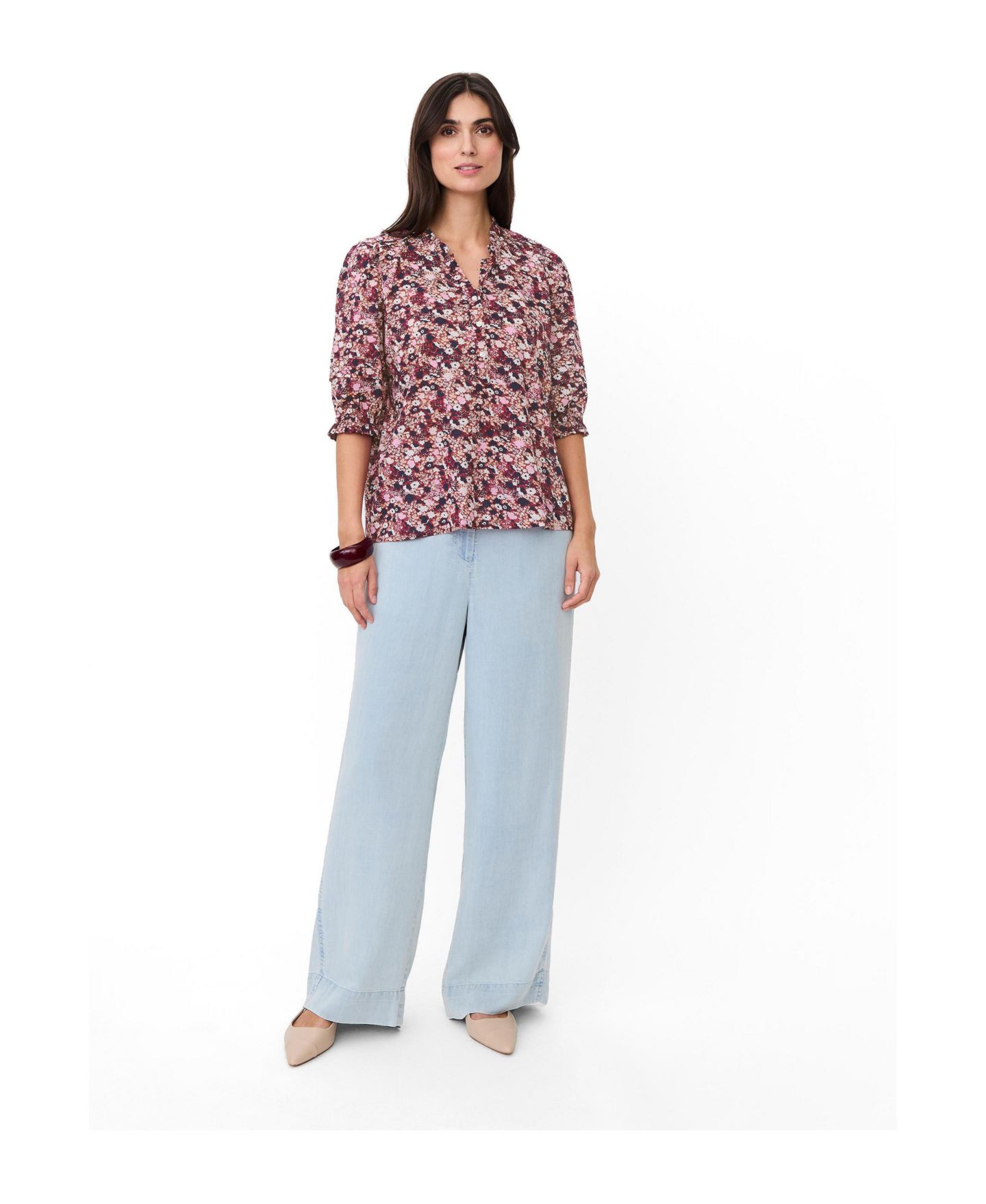 Женская блузка Masai Copenhagen Mabrenitha Floral-Print Mandarin Collar 3/4-Sleeve, цвет: Свекольный красный — фото 2