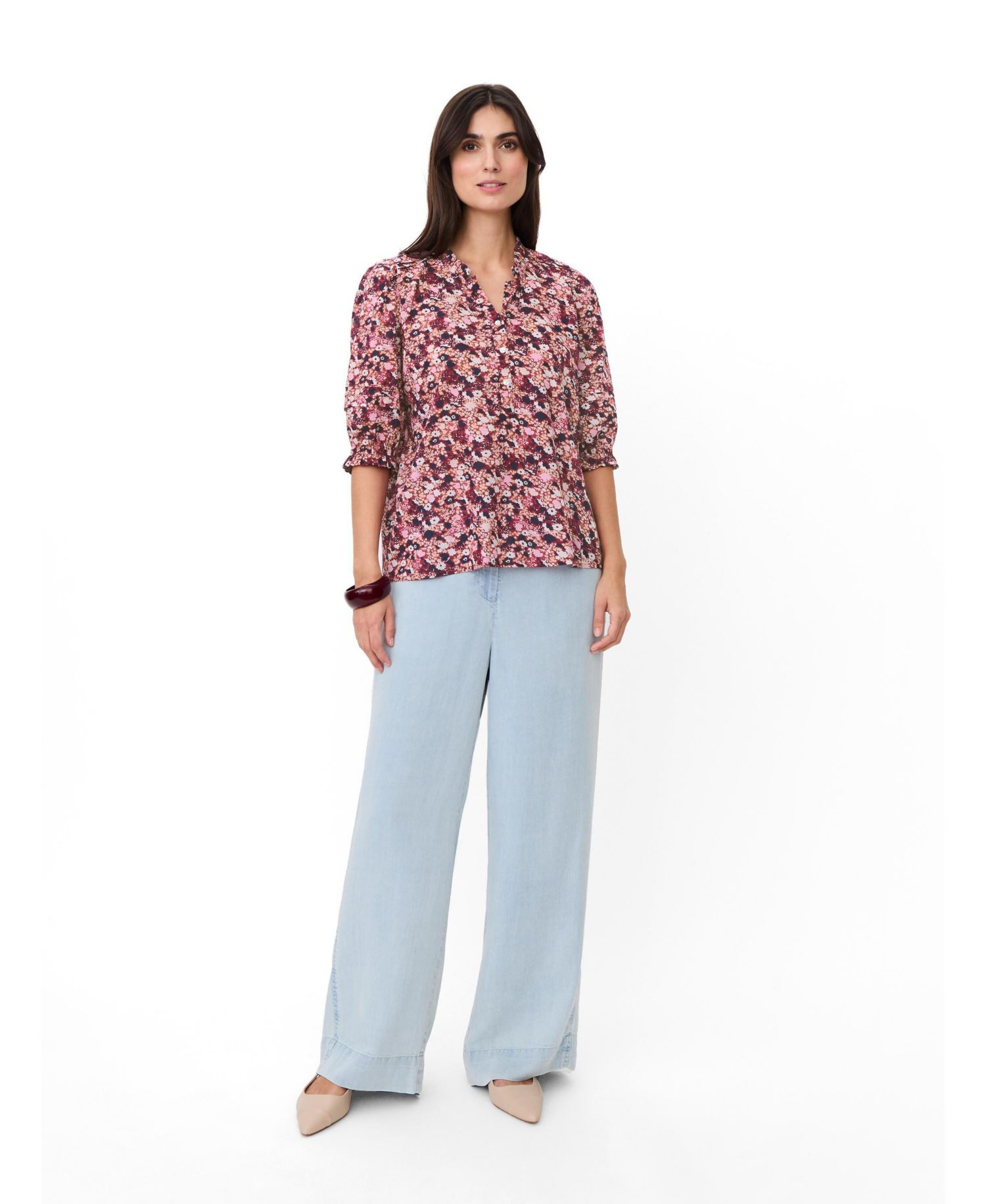 Women's Mabrenitha Floral-Print Mandarin Collar 3/4-Sleeve Blouse