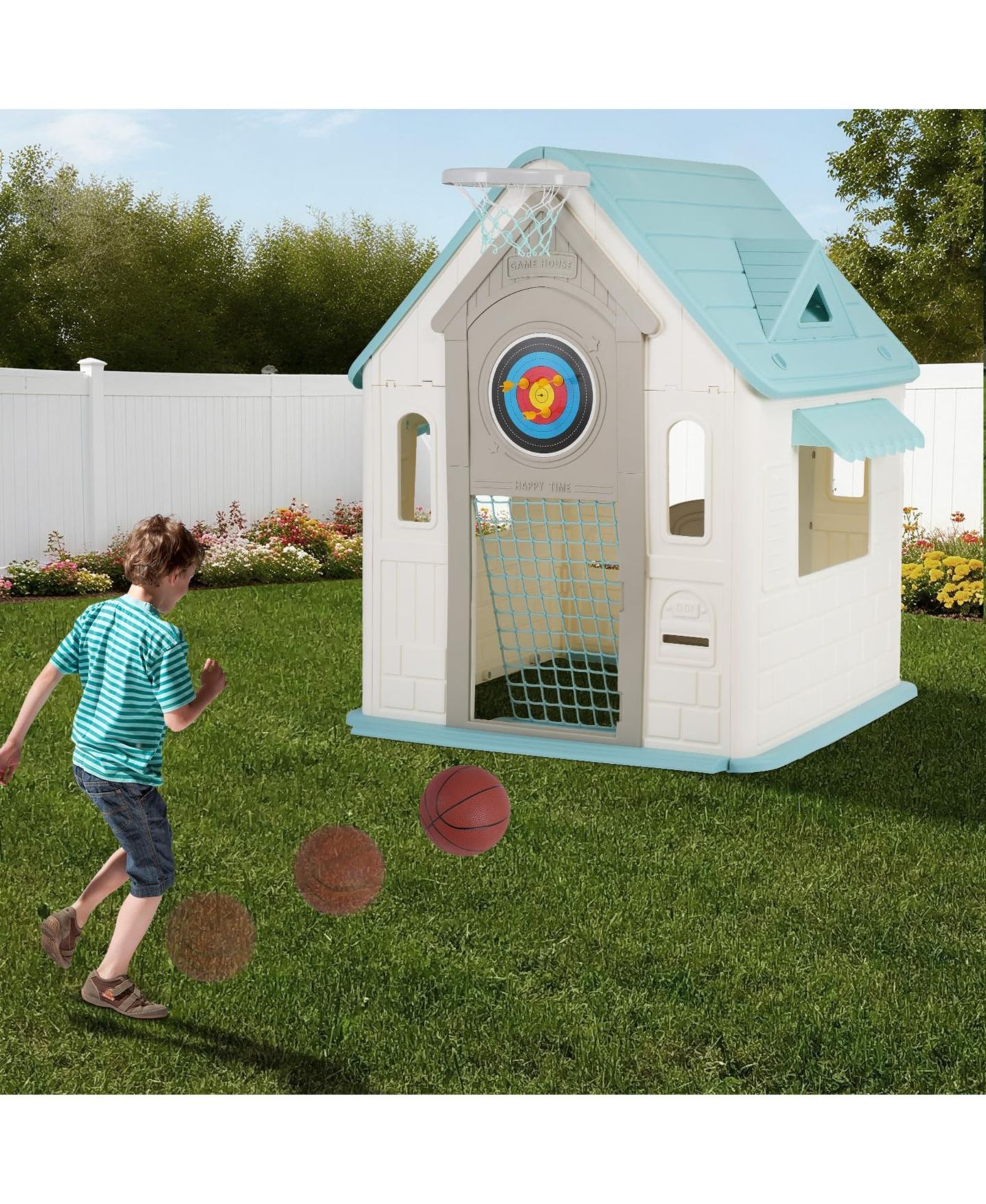 Детская игрушка homfan Kids Outdoor and Indoor Playhouse Cottage, Toddler Playground with Basketball Hoop for Ages plus, цвет: Белый — фото 3