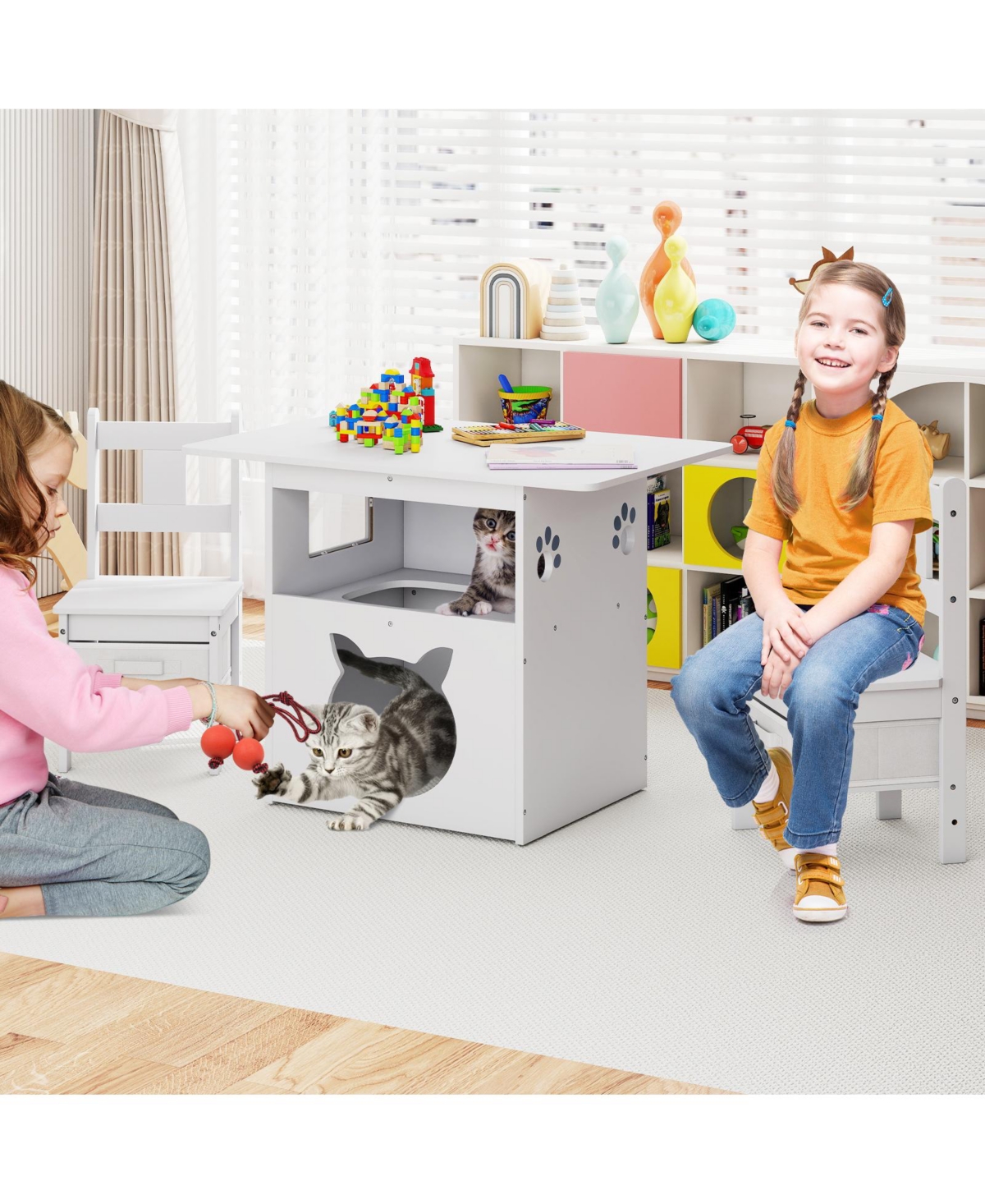 Slickblue Kids Table and Chairs Set 3 Piece Wooden Furniture with Cat House