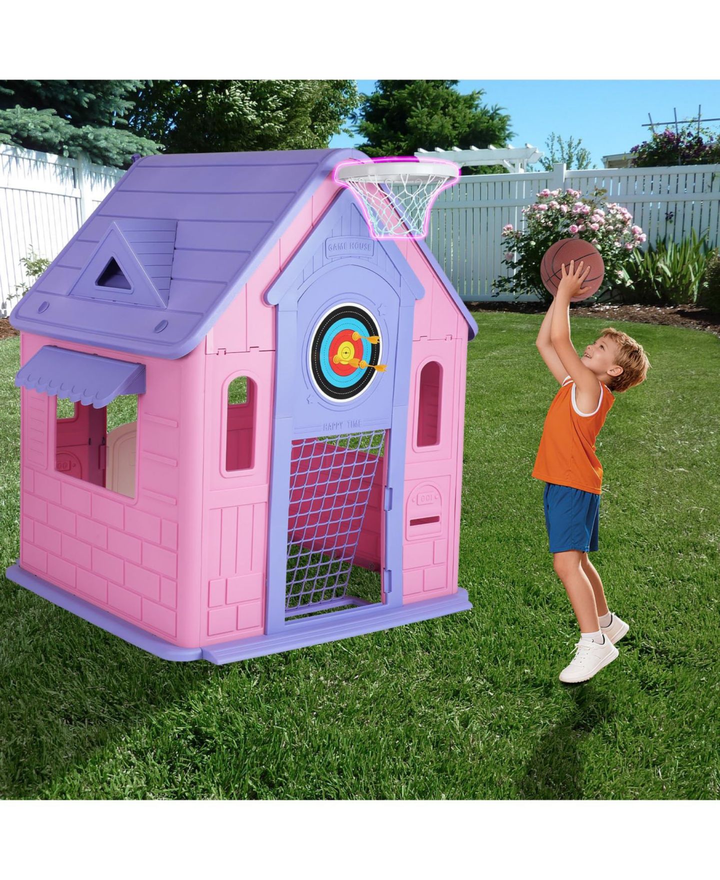 Детская игрушка homfan Kids Outdoor and Indoor Playhouse Cottage, Toddler Playground with Basketball Hoop for Ages 2 — фото 4