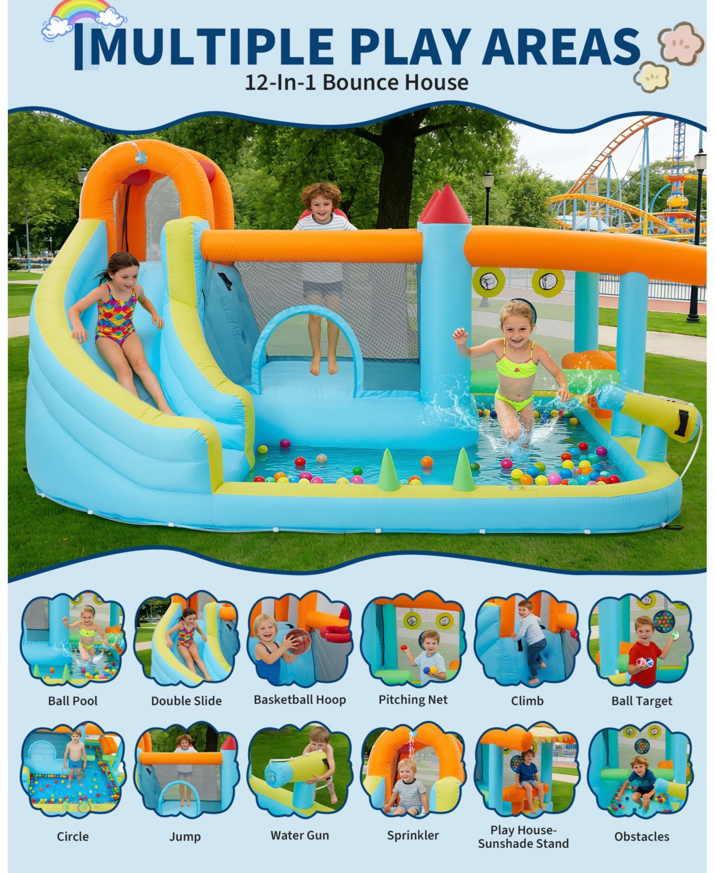 Детская игрушка homfan 12-in-1 Inflatable Bounce House With Slide and Water Play, For 2-8 Kids, от 3 лет, цвет: Синий — фото 7
