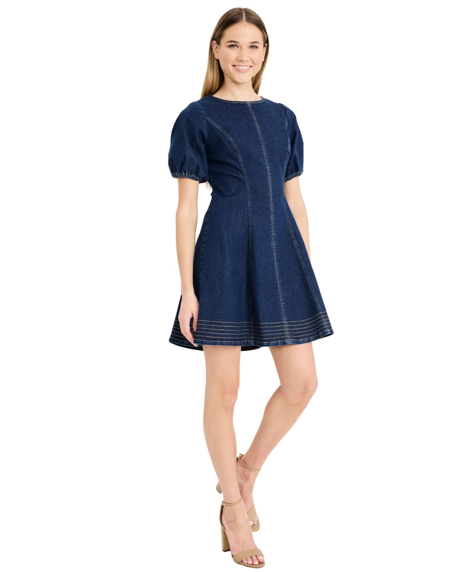 Women's Puff-Sleeve A-Line Denim Dress