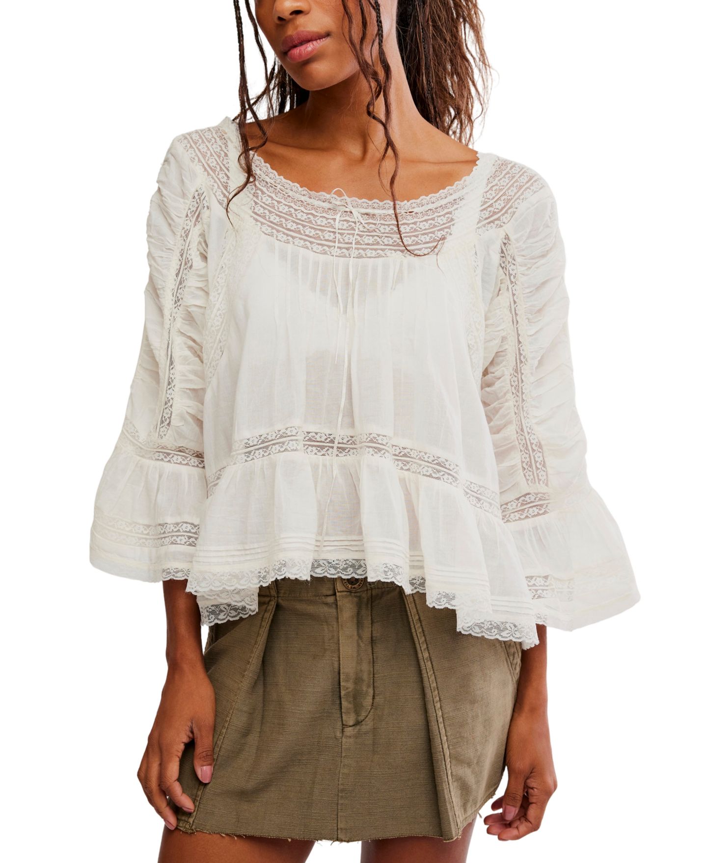 Женская блузка Free People She's A Romantic Top Long Bell Sleeves Lace-Paneling Blouse, цвет: Слоновая кость — фото 6