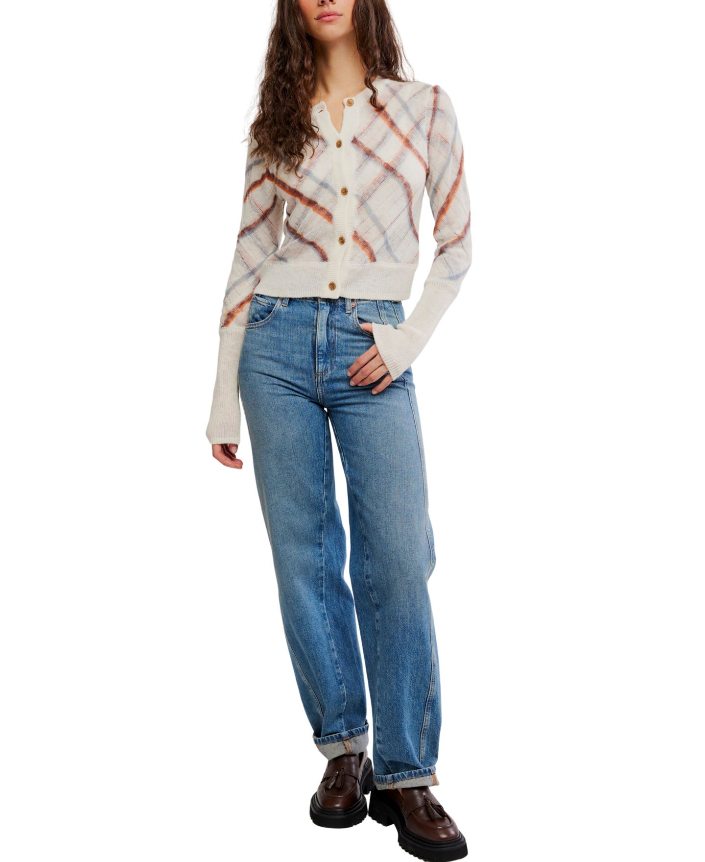 Женский кардиган Free People Highland Mist Plaid Crop Cardigan, цвет: Туманный комбинированный — фото 2