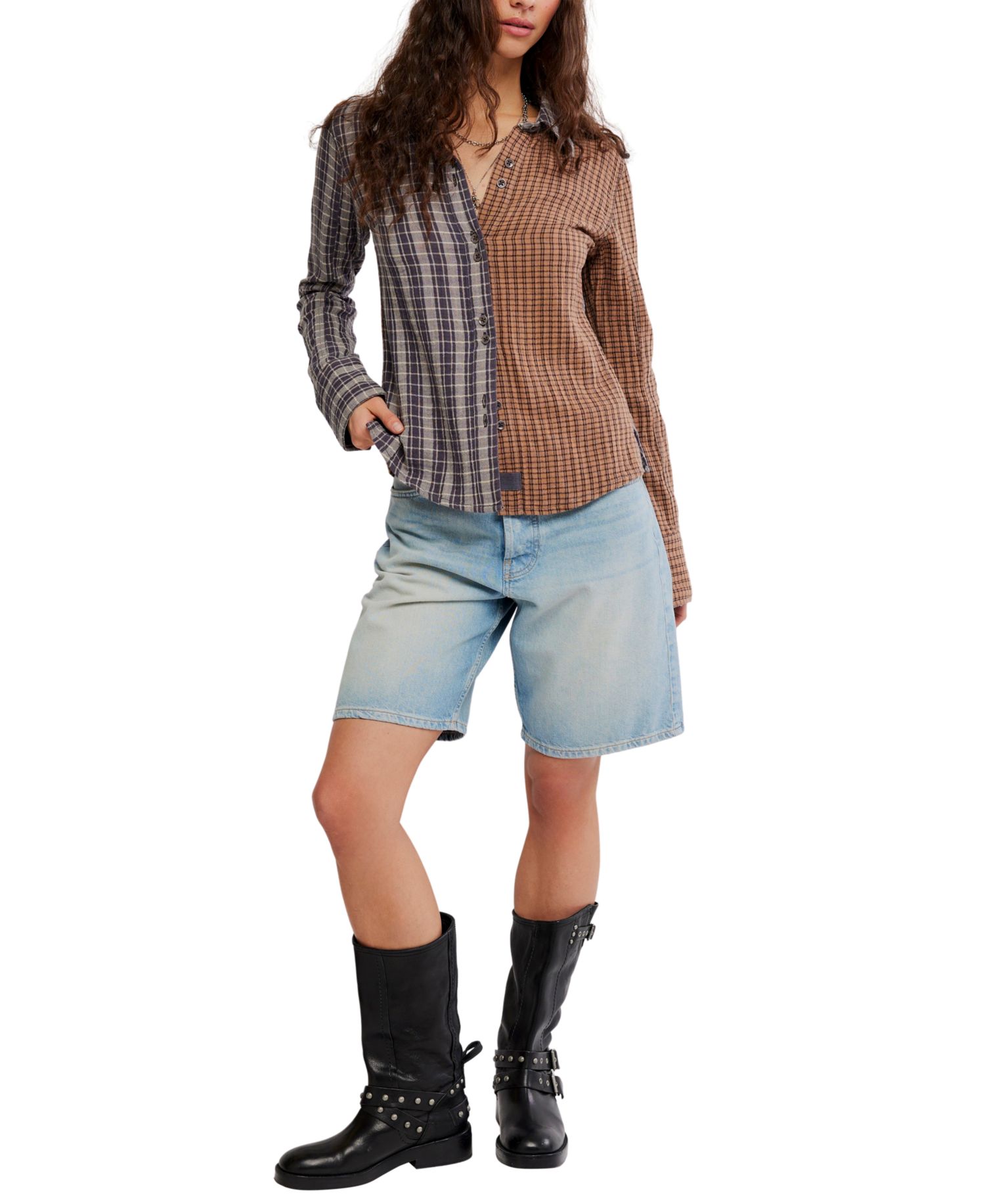 Women's Benny Slim Plaid Paint-Splatter Long-Sleeve Blouse