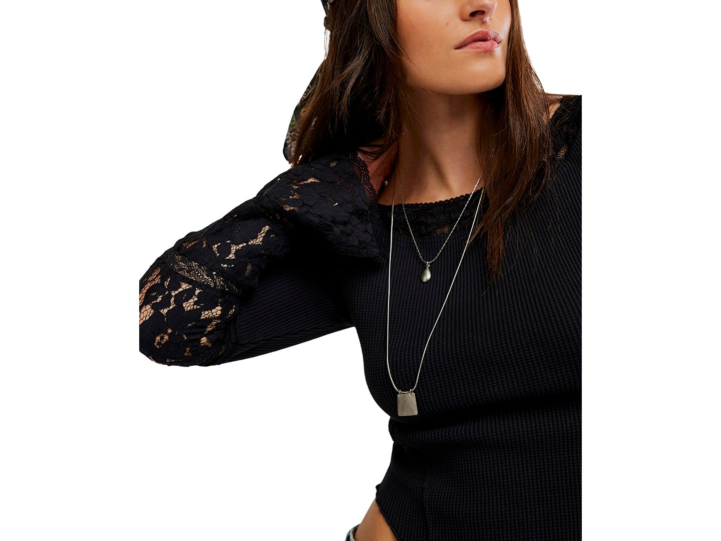 Женская футболка Free People Amber Lace Cuff Boat-Neck Smocked Cotton-Blend, цвет: Чёрный — фото 4